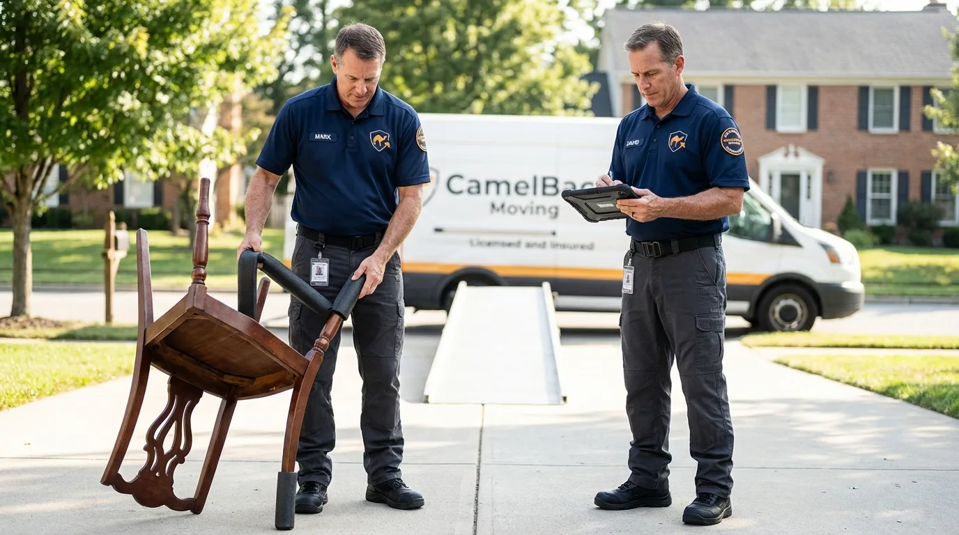 Movers inspecting furniture for damage prevention before loading in Phoenix, AZ