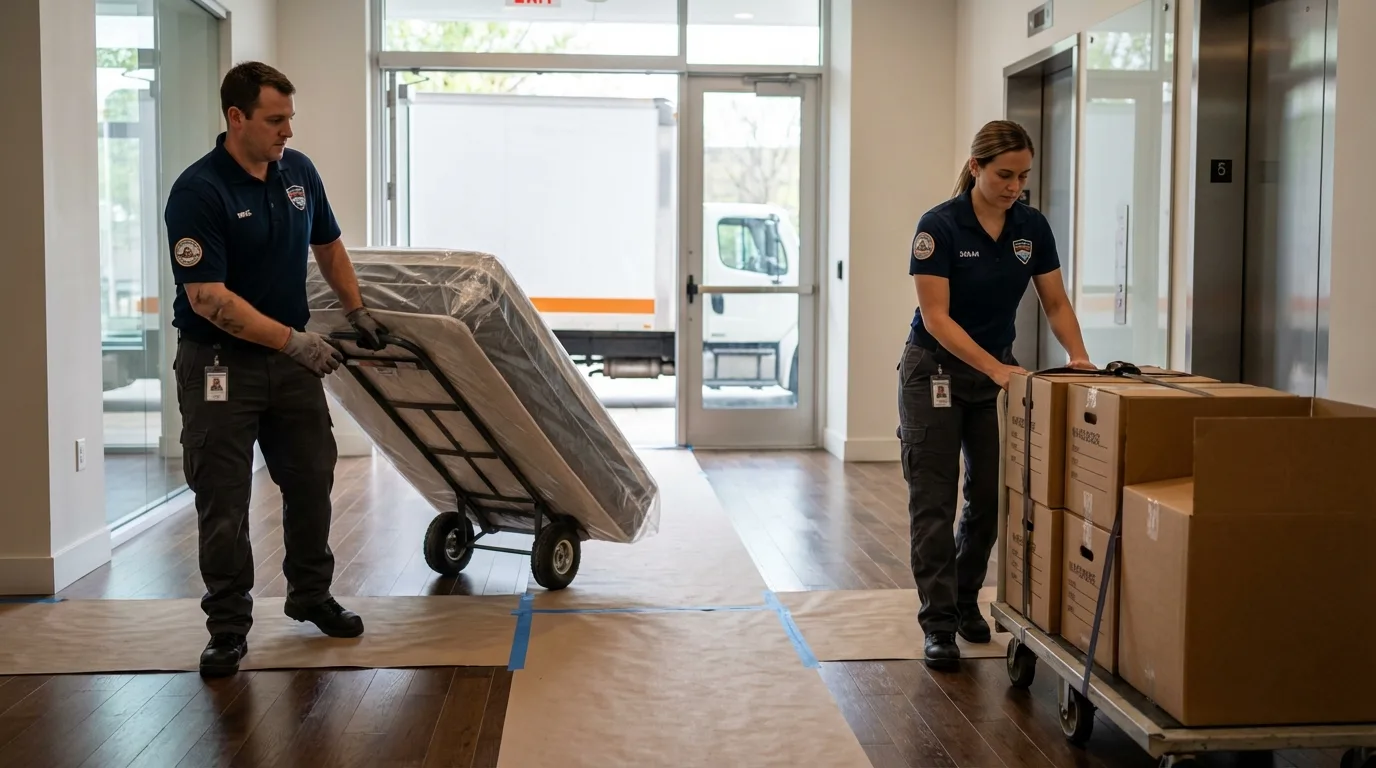 Professional apartment movers loading elevator in Phoenix, AZ